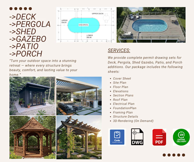 design deck, pergola, shed, cabana, gazebo, porch and patio permit plans
