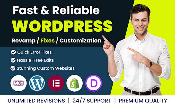 fix wordpress, divi, elementor pro, shopify, woocommerce, expert website help