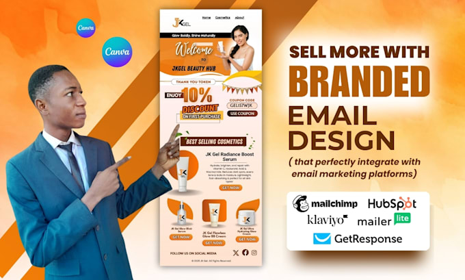 design branded canva email newsletters and set them up via hubspot, klaviyo, etc