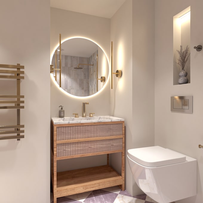 design your bathroom with 2d layout , realistic 3d rendering and shopping list