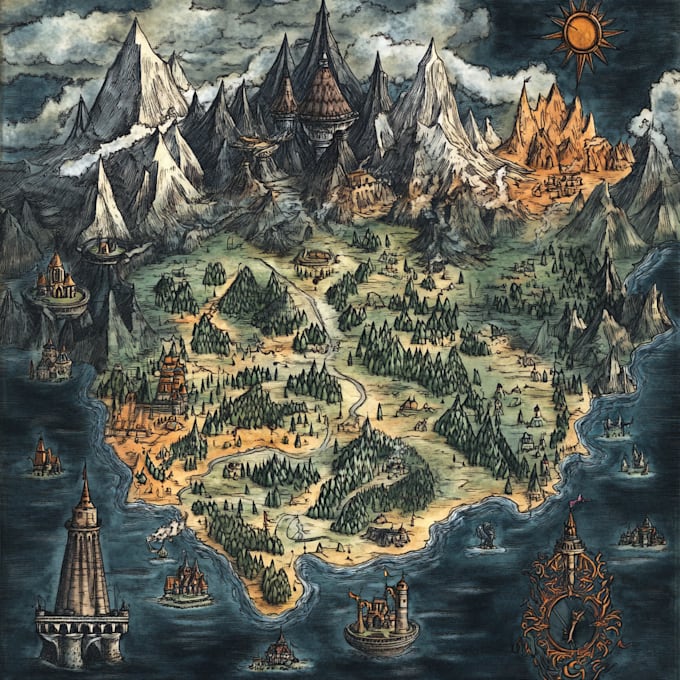 make a fantasy map illustration or site in illustrator