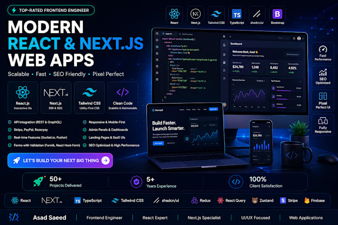 develop web apps with react js, next js and tailwind CSS