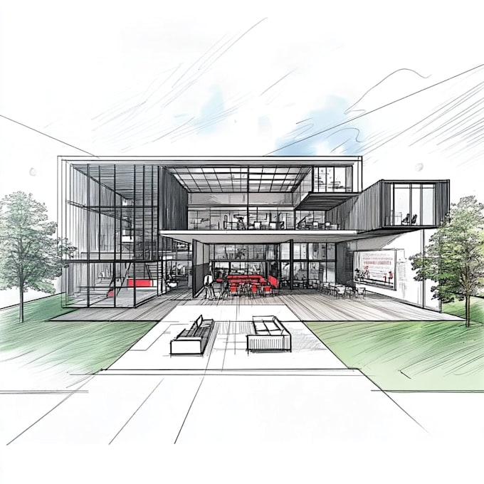 do architectural sketch rendering exterior interior concept