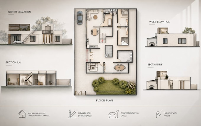 draw floor plan in autocad then render in photoshop and illustrator