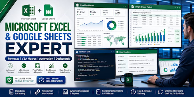 do microsoft excel spreadsheet and google sheets tasks with formulas, vba macros