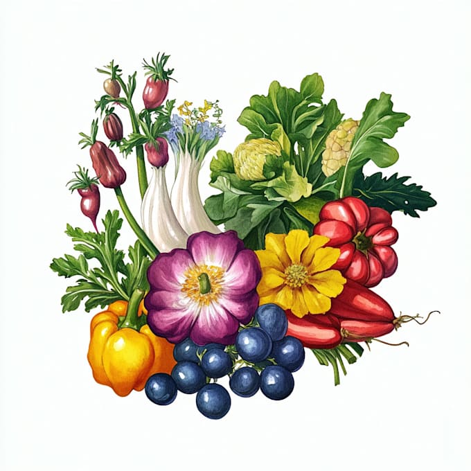 paint vegetables, fruits, flowers and plants illustrations