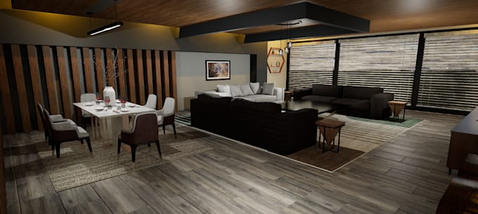 3d architectural interior house design, rendering kitchen, dinning table