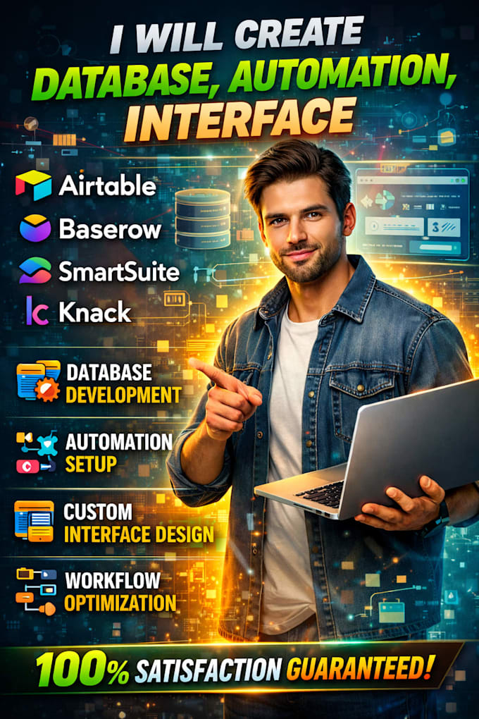 create database, automation, interface with airtable, baserow, smartsuite, knack