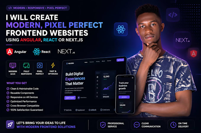create modern, pixel perfect frontend websites using angular, react or nextjs