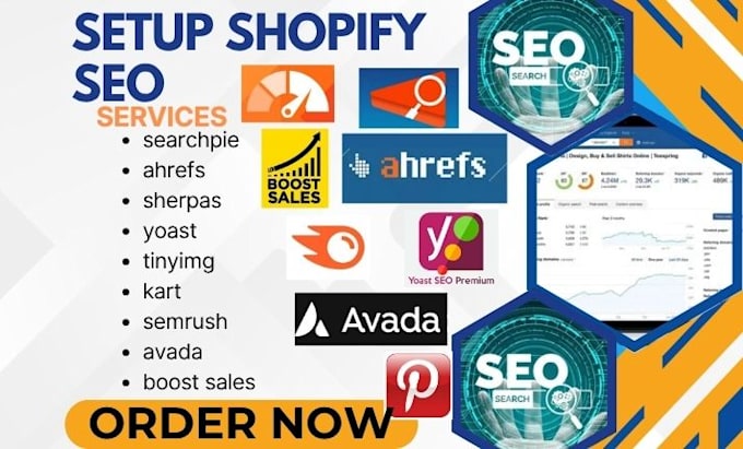 setup shopify SEO searchpie ahrefs sherpas yoast tinyimg kart semrush avada