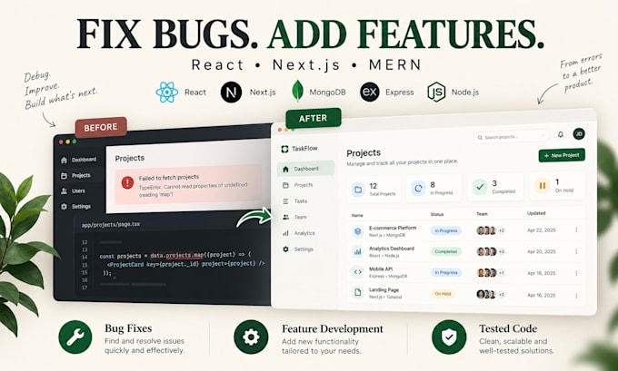 fix react next js or other websites bugs or add new features