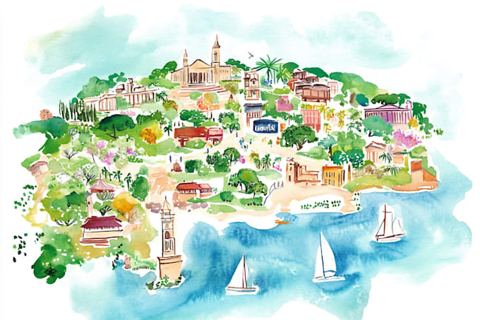custom watercolor map illustration with landmarks, wedding