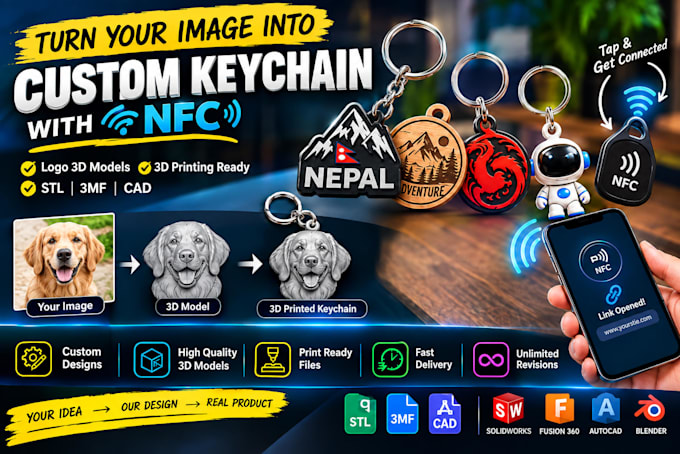 design custom keychain for 3d printing with nfc, logo, 3mf, stl, cad modeling
