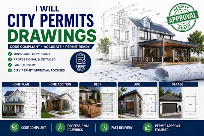 create a city permit drawing for house plan, home addition, deck, adu, garage