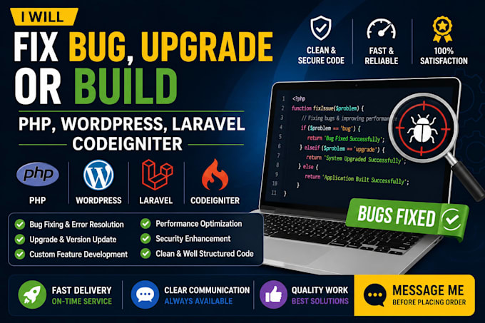 fix bug, upgrade or build php, wordpress, laravel codeigniter