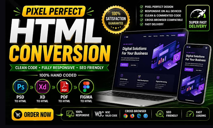 convert PSD to HTML, xd to html, figma to HTML, pdf to HTML