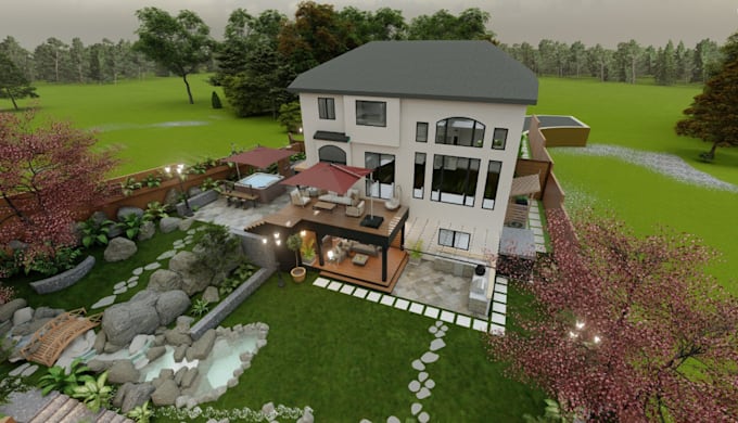 remodel old property lawn, landscape street, seating area,virtual staging render