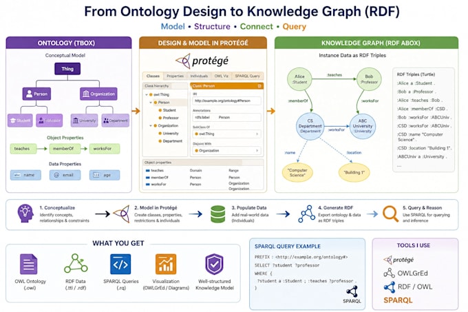 design domain specific owl ontologies using protégé with sparql queries