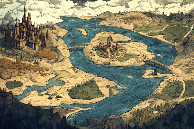 make a line art fantasy map illustration
