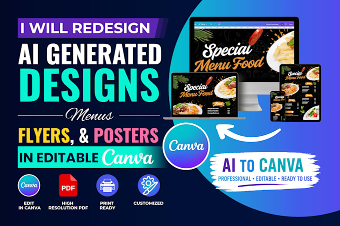 redesign ai generated designs, menus, flyers, and posters in editable canva