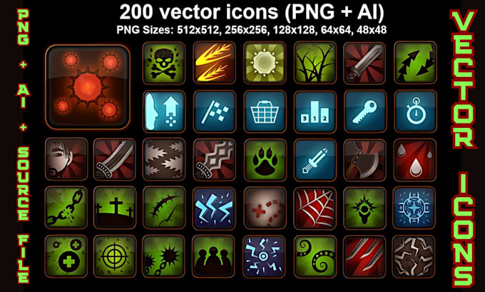 design vector icons, flat color icon game icons for rpg, moba, pixel indie games