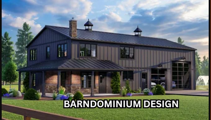 design and render architectural barndominium, pole barn floor plan, farmhouse