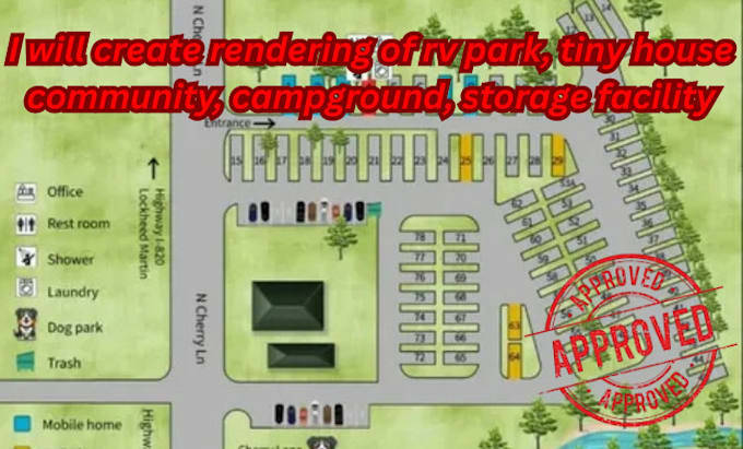 create rendering of rv park, tiny house community, campground, storage facility