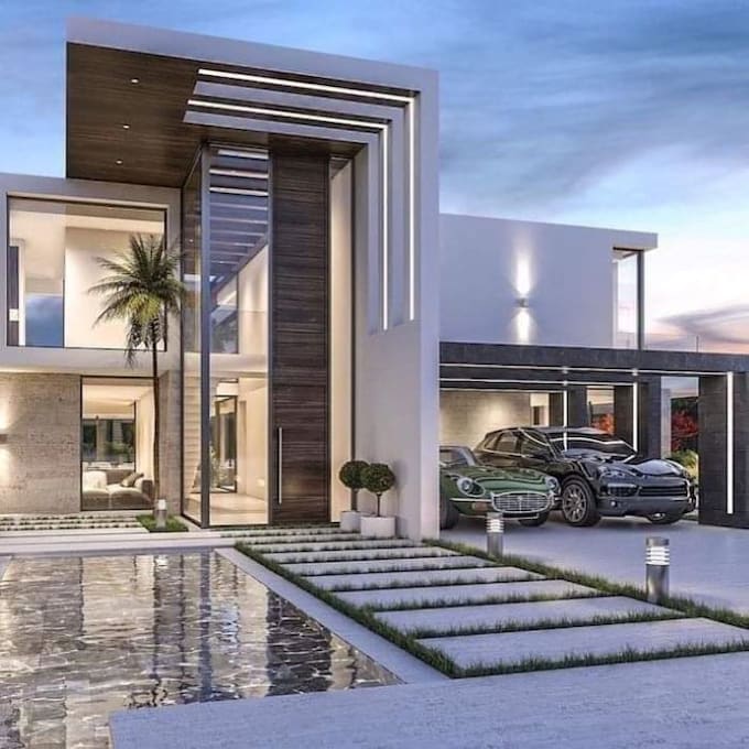 luxury house exterior design, gazebo, facade, elevation, lighting, pool, carpark