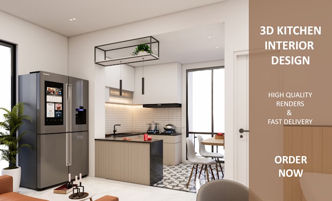 create modern 3d kitchen design with realistic render