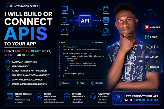 build or connect apis to your app in angular, react, next, aspnet or node