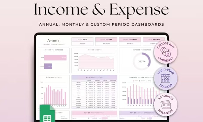 design business budget planner, savings, income and expense tracker spreadsheet