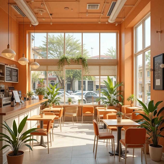render 3d interior, interior design, cafe, restaurant