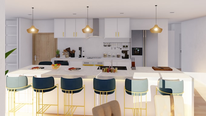 Do 3d kitchen and living interior design with 3d renders by ...
