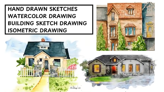 House, landscape, building ink sketches drawing watercolor ...