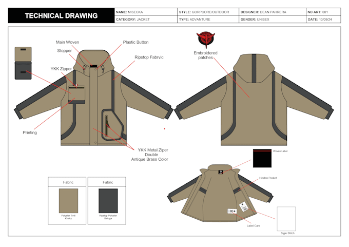 do detailed tech pack design for outdoor sports