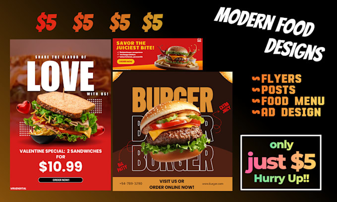 create modern, eye catching flyers, menus and posters