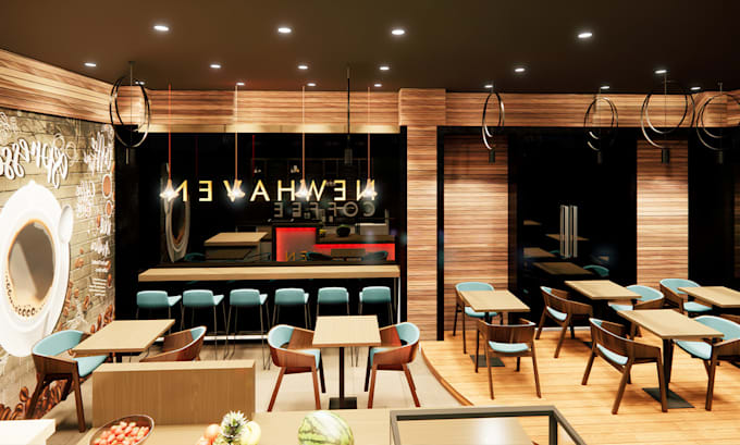 render 3d interior, interior design, cafe, café bar, restaurant
