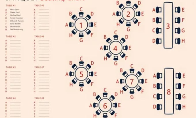 design a professional seating chart or venue map for your event, guest, wedding