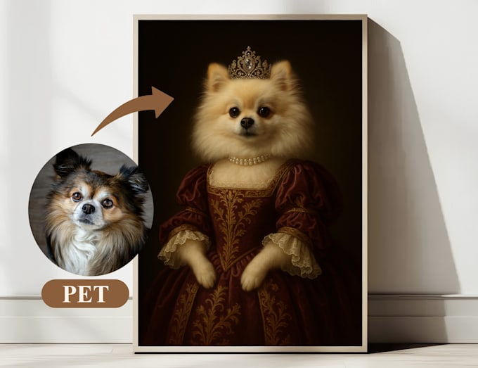 create a custom royal pet and owner portrait in classical style