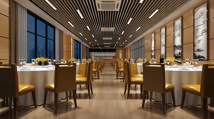 create 3d restaurant interior, cafe render, layout plan and 3d office design