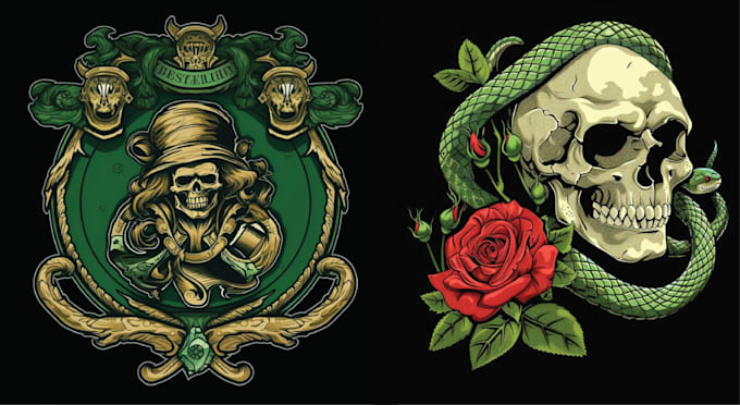 make custom skull crown snake rose tattoo logo design