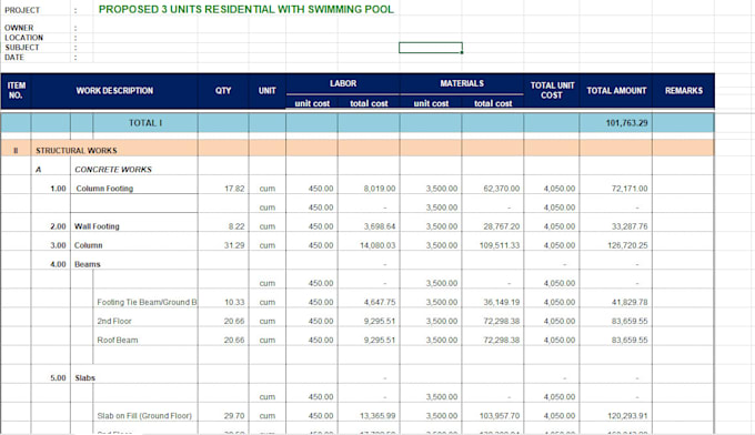 estimate quantity of structural and architectural drawings