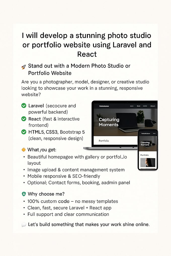 create a photo studio or portfolio website using laravel and react
