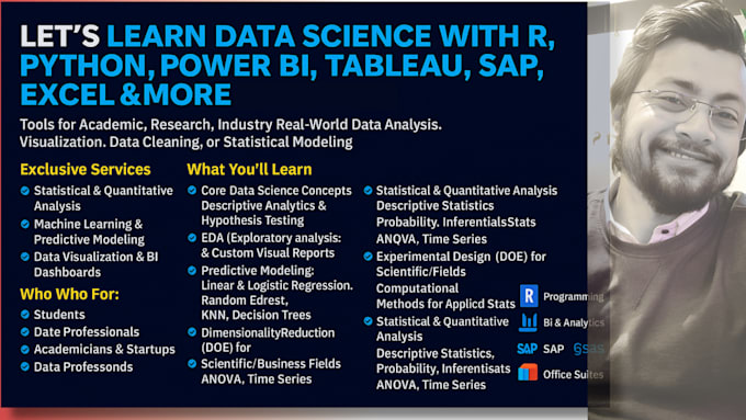 teach you data science with r, python, bi tools for academic, research, industry