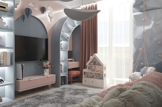 restyle 3d luxury kids room, cozy bed, toy mockup, interior layout, cad render
