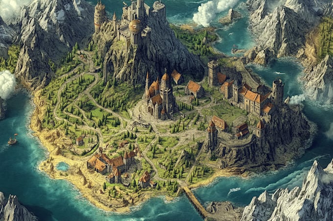 draw cartoon fantasy map illustration, doodle hand drawn
