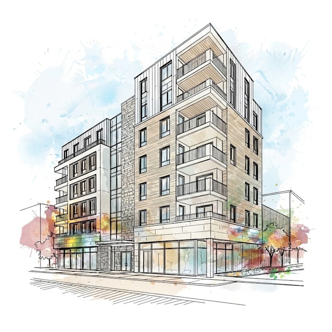sketch architecture building with watercolor rendering