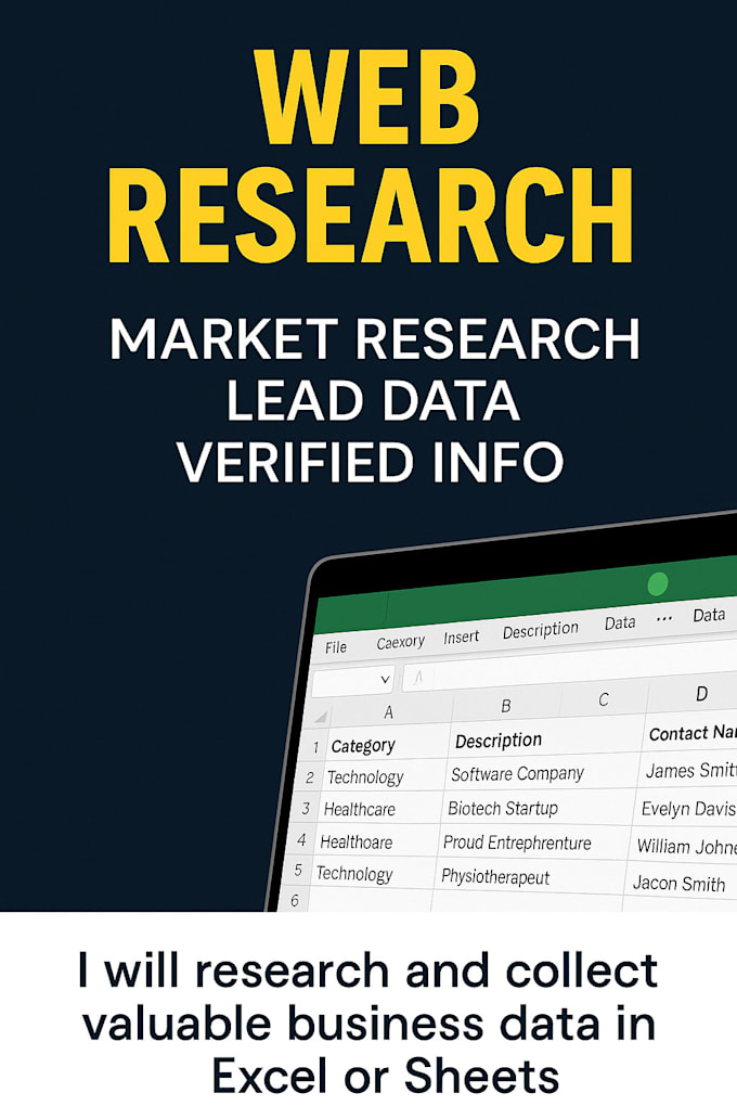 research and collect valuable business data in excel or sheets