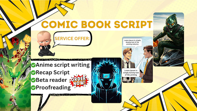write comic book script, illustration book cover, webtoon design, comic pitch