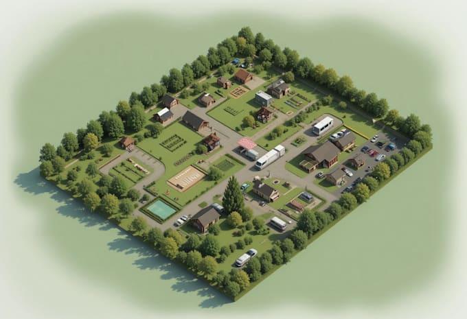 drawin 2d site plan, 3d landscape rendering, farm art